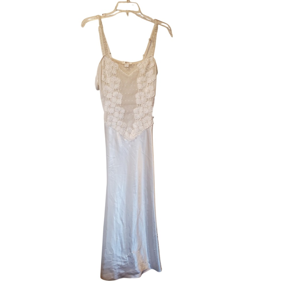 Flora White Satin Maxi Nightgown Swiss Dot Lace Floral Mesh Bridal Chemise Sz M
